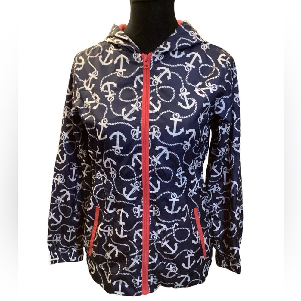 Cherokee Girls Navy Blue Anchor Print Hooded Windbreaker Jacket Size L 10/12